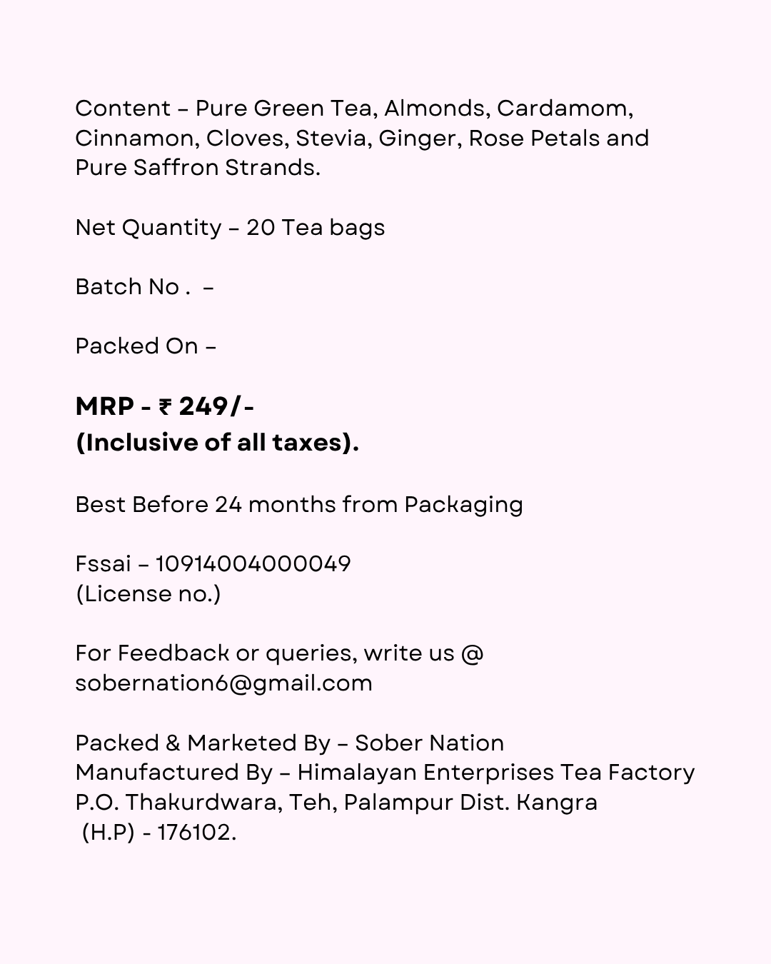 Sober Nation Kashmiri Kahwa (20 Tea Bags) Boosts Immunity, Digestion, Gives Glowing skin, Detoxifies Body, Reduces Stress, Fatigue