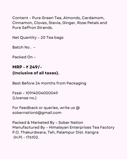 Sober Nation Kashmiri Kahwa (20 Tea Bags) Boosts Immunity, Digestion, Gives Glowing skin, Detoxifies Body, Reduces Stress, Fatigue